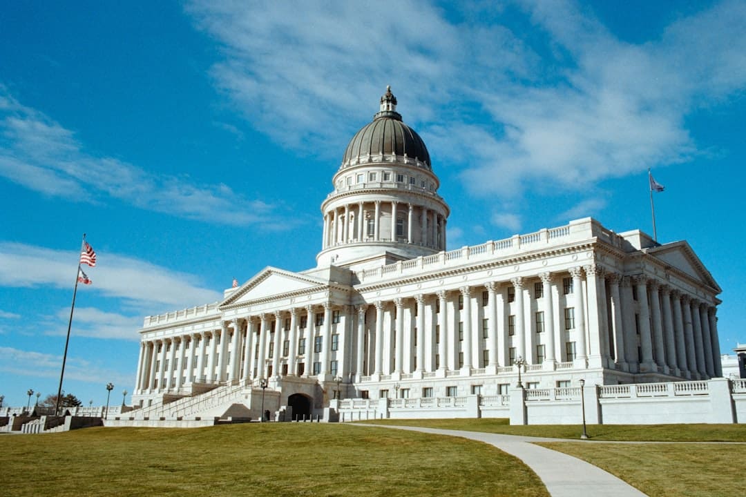 support animal rights — Grand white building with columns under blue sky