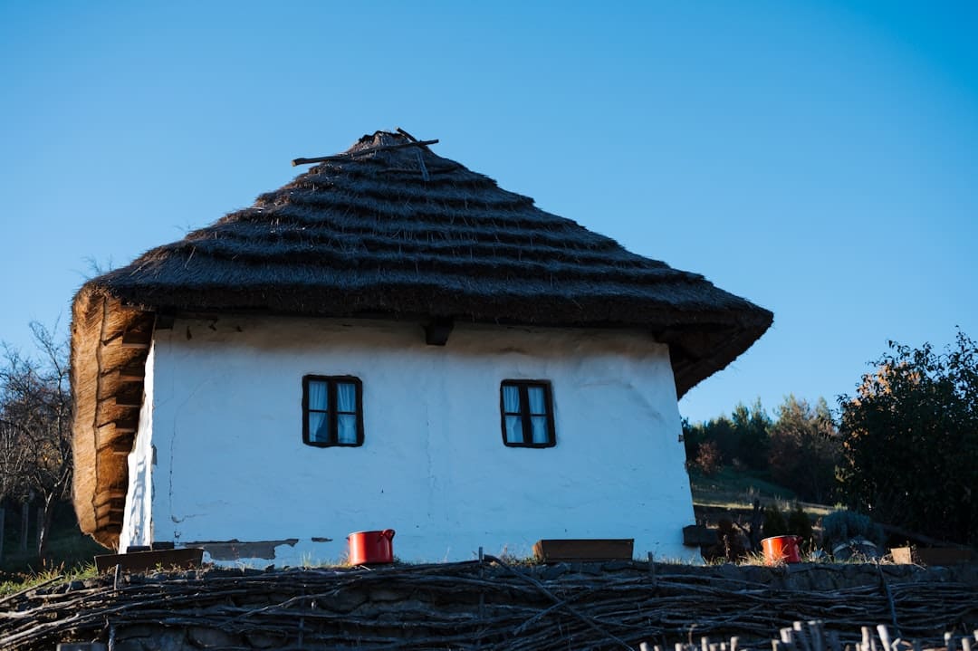 support animal rights — Traditional white cottage with thatched roof under blue sky