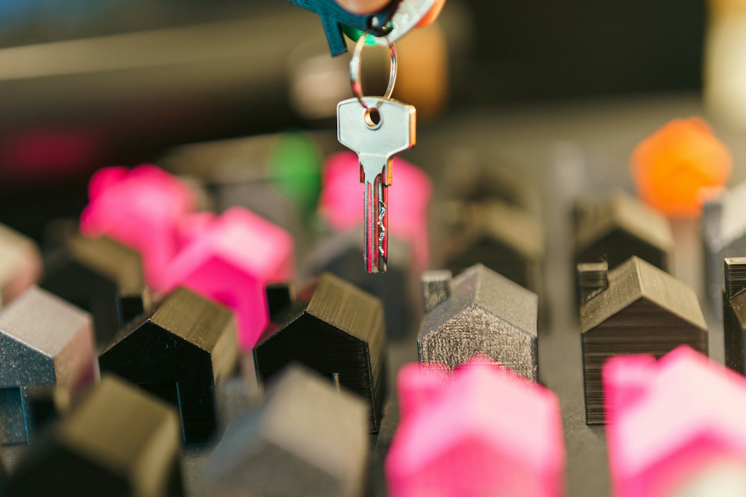landlord denied support animal — Hand holding a key above miniature houses